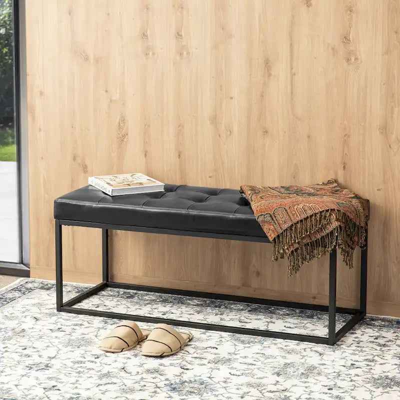 45W Modern Black Tufted Upholstered Bench with Metal Frame Legs