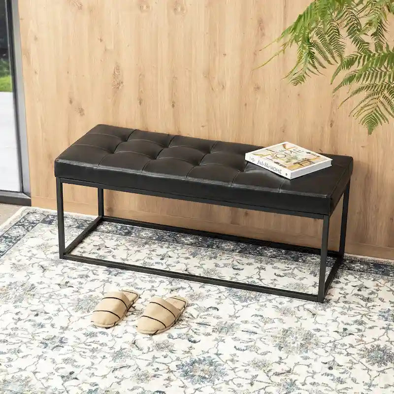 45W Modern Black Tufted Upholstered Bench with Metal Frame Legs