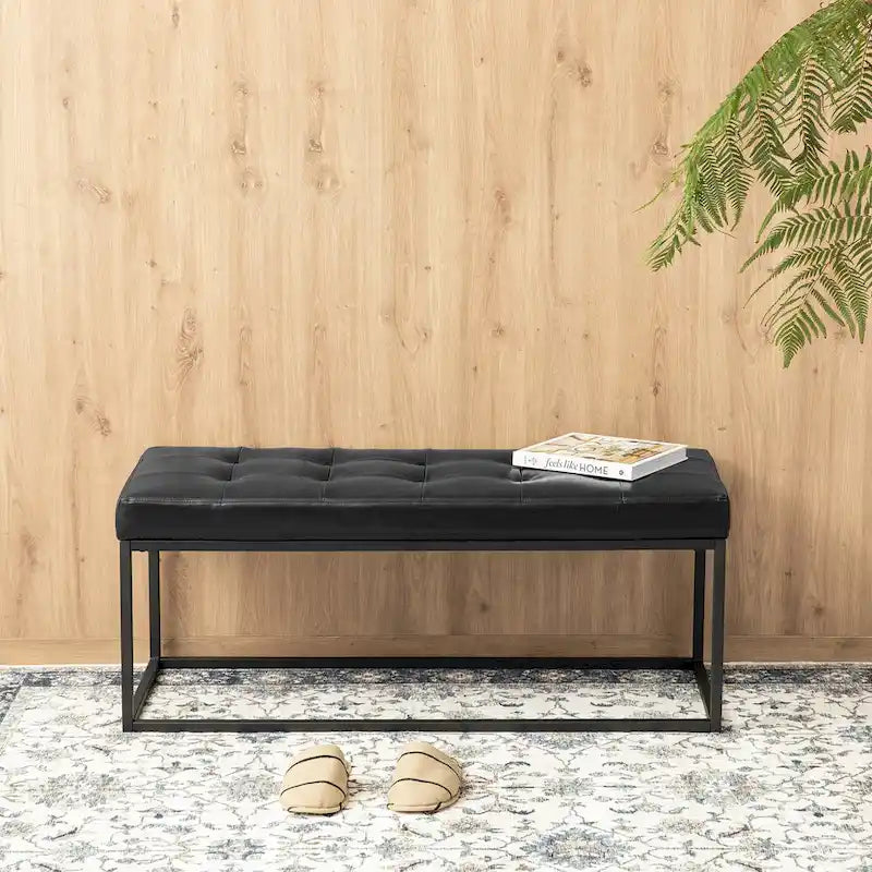 45W Modern Black Tufted Upholstered Bench with Metal Frame Legs