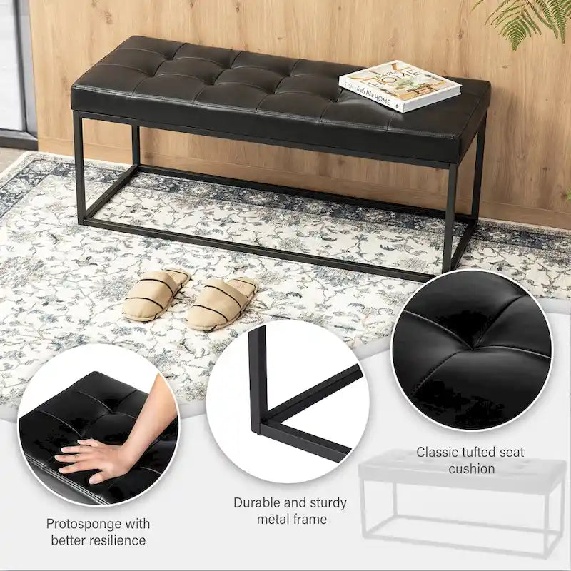 45W Modern Black Tufted Upholstered Bench with Metal Frame Legs