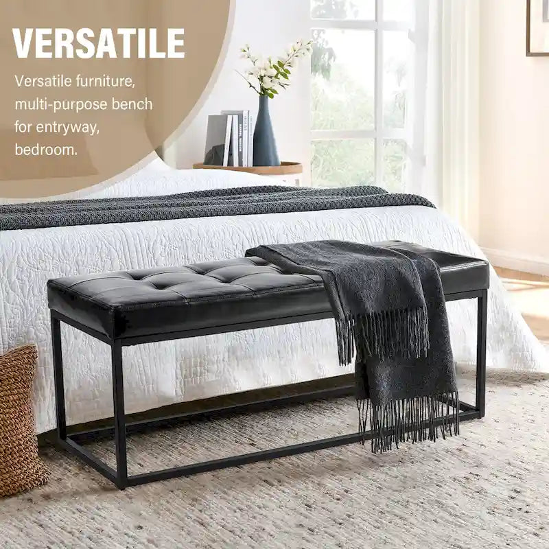 45W Modern Black Tufted Upholstered Bench with Metal Frame Legs