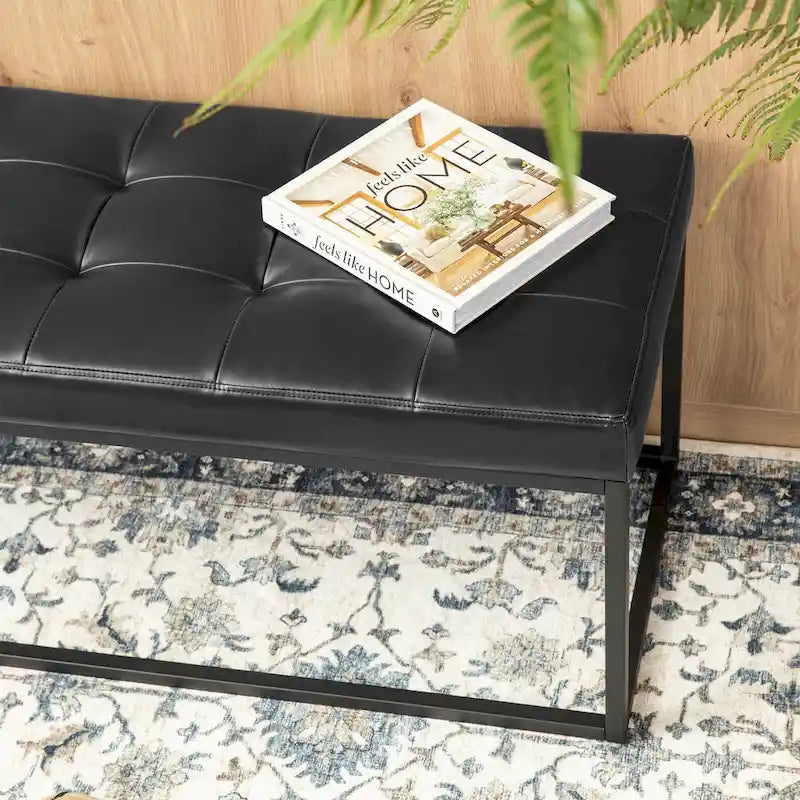 45W Modern Black Tufted Upholstered Bench with Metal Frame Legs