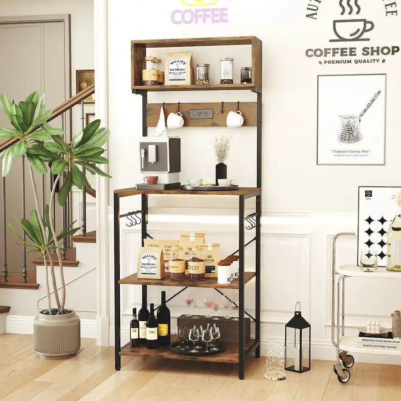 Kitchen Bakers Rack 5-Tier Coffee Bar Station with Power Outlet