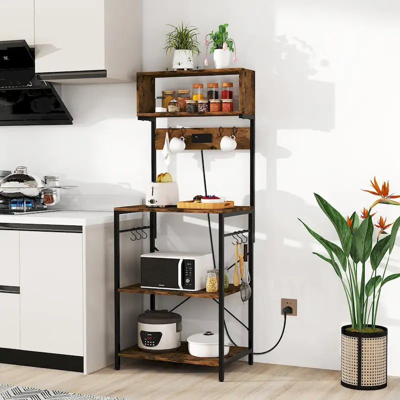 Kitchen Bakers Rack 5-Tier Coffee Bar Station with Power Outlet