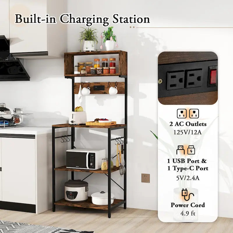 Kitchen Bakers Rack 5-Tier Coffee Bar Station with Power Outlet