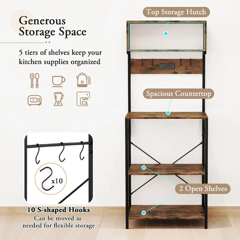 Kitchen Bakers Rack 5-Tier Coffee Bar Station with Power Outlet