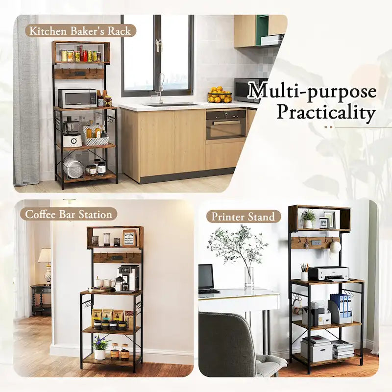 Kitchen Bakers Rack 5-Tier Coffee Bar Station with Power Outlet