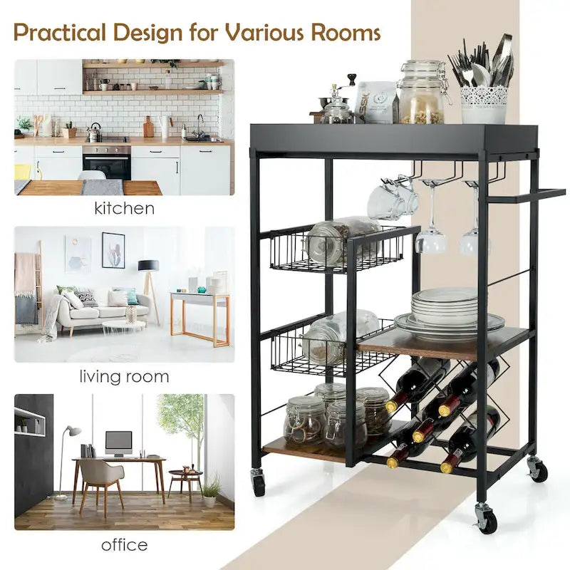 4-Tier Kitchen Bar Cart Rolling Serving Trolley with Wine Rack