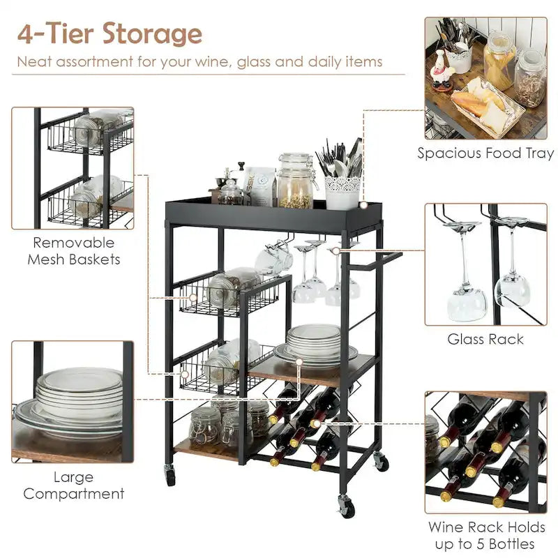 4-Tier Kitchen Bar Cart Rolling Serving Trolley with Wine Rack
