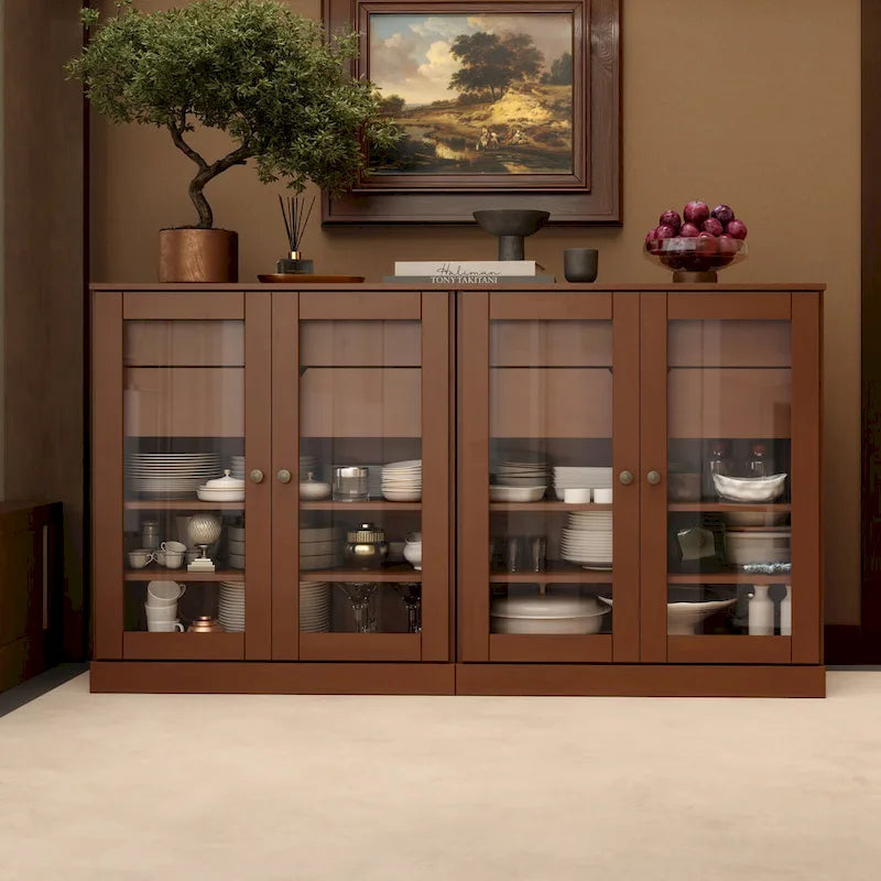 Sideboard aus 100 % Massivholz, 64", mit Glastüren, 4 Schubladen und verstellbaren Einlegeböden