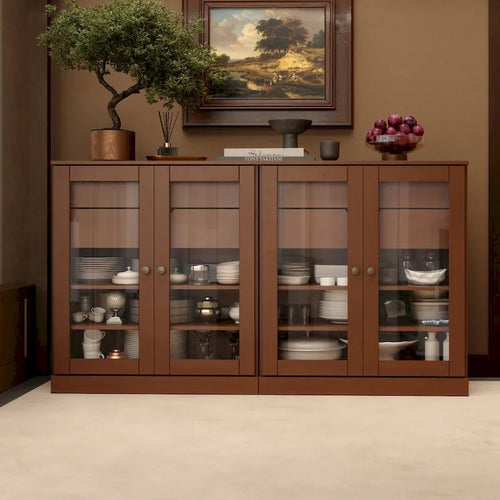 100% Solid Wood 64" Sideboard with Clear Glass Doors, 4 Drawers and Adjustable Shelves