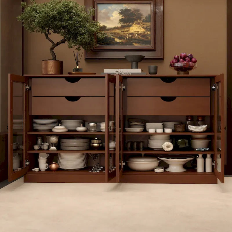 Sideboard aus 100 % Massivholz, 64", mit Glastüren, 4 Schubladen und verstellbaren Einlegeböden