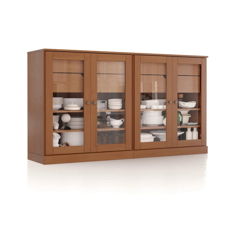Sideboard aus 100 % Massivholz, 64", mit Glastüren, 4 Schubladen und verstellbaren Einlegeböden