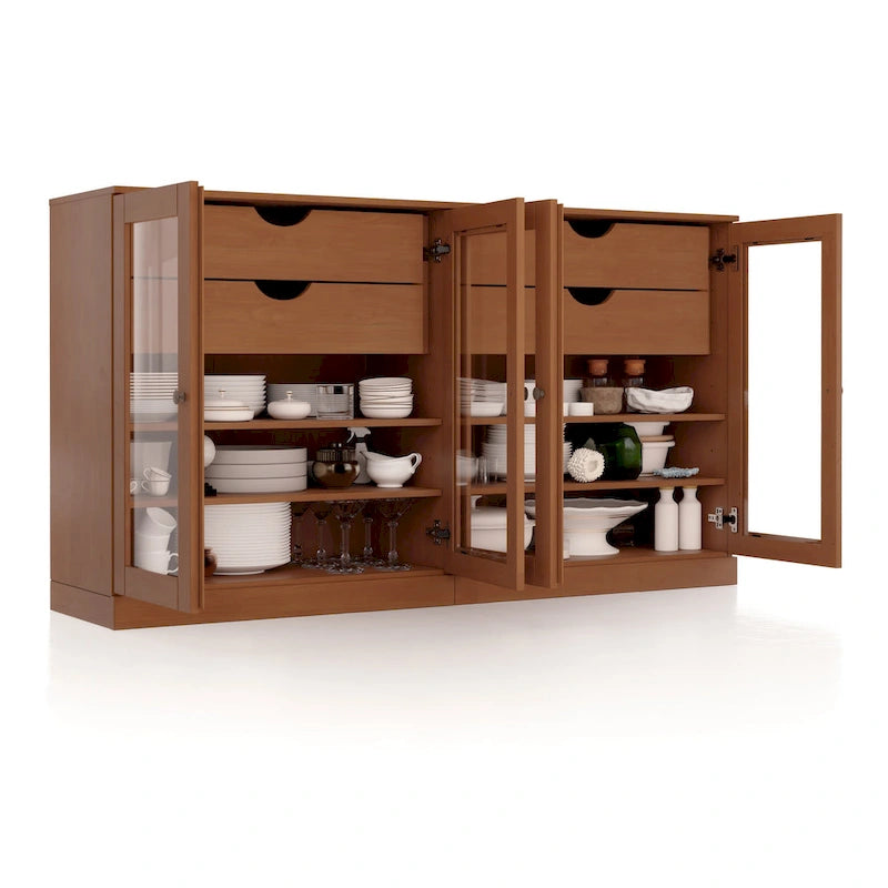 Sideboard aus 100 % Massivholz, 64", mit Glastüren, 4 Schubladen und verstellbaren Einlegeböden