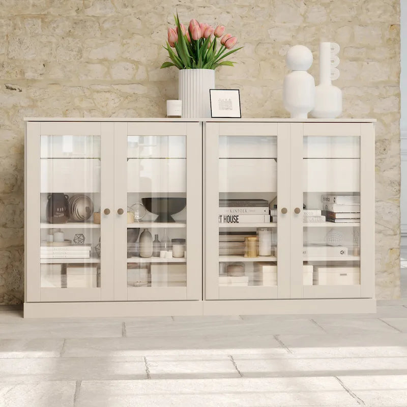 Sideboard aus 100 % Massivholz, 64", mit Glastüren, 4 Schubladen und verstellbaren Einlegeböden