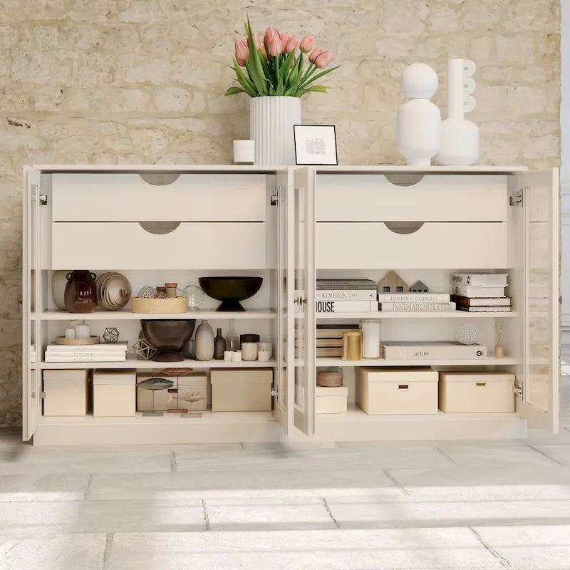 Sideboard aus 100 % Massivholz, 64", mit Glastüren, 4 Schubladen und verstellbaren Einlegeböden