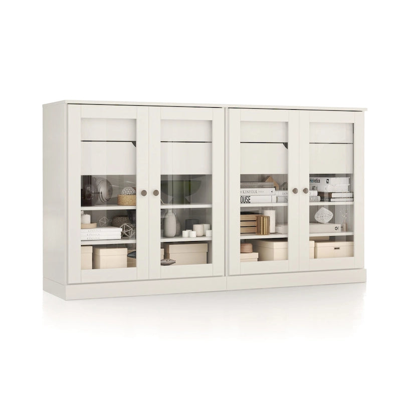 Sideboard aus 100 % Massivholz, 64", mit Glastüren, 4 Schubladen und verstellbaren Einlegeböden