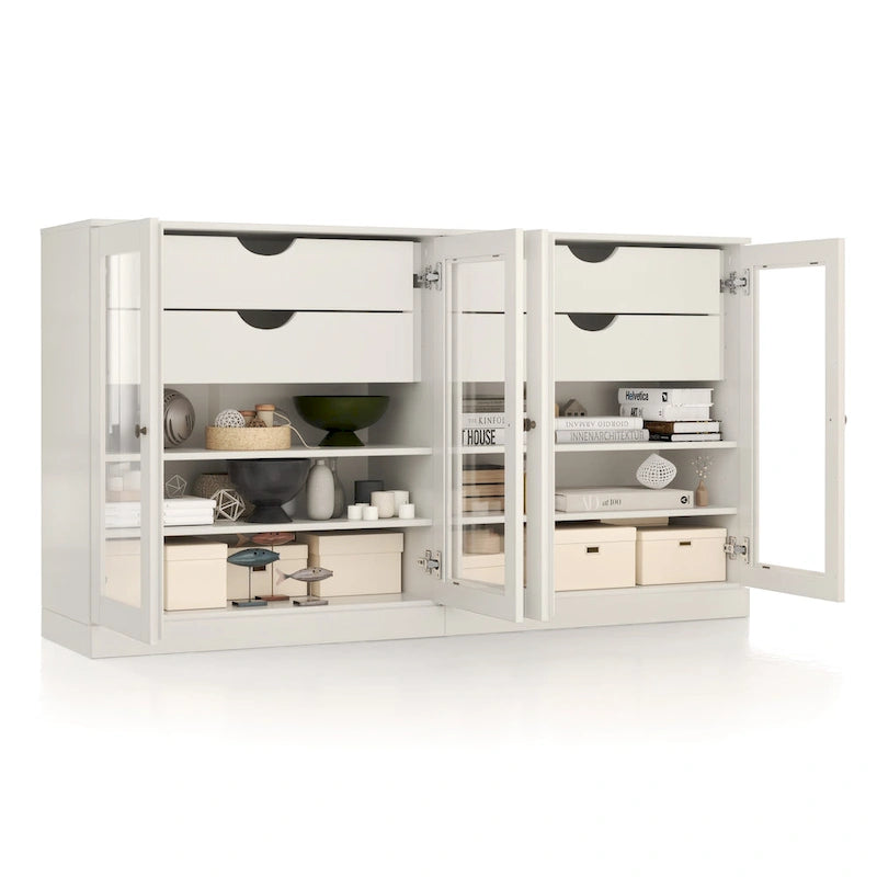 Sideboard aus 100 % Massivholz, 64", mit Glastüren, 4 Schubladen und verstellbaren Einlegeböden