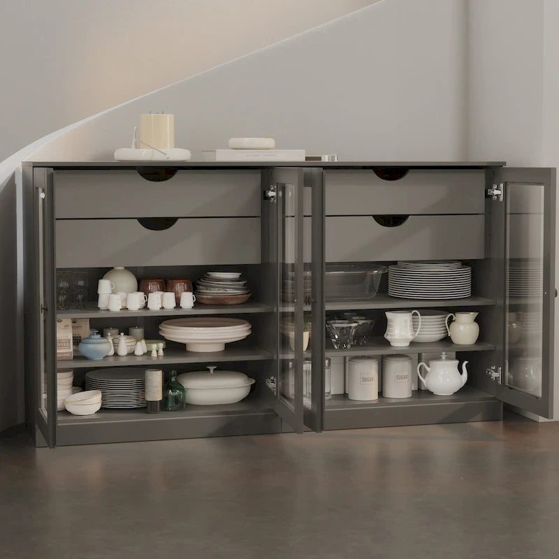 Sideboard aus 100 % Massivholz, 64", mit Glastüren, 4 Schubladen und verstellbaren Einlegeböden