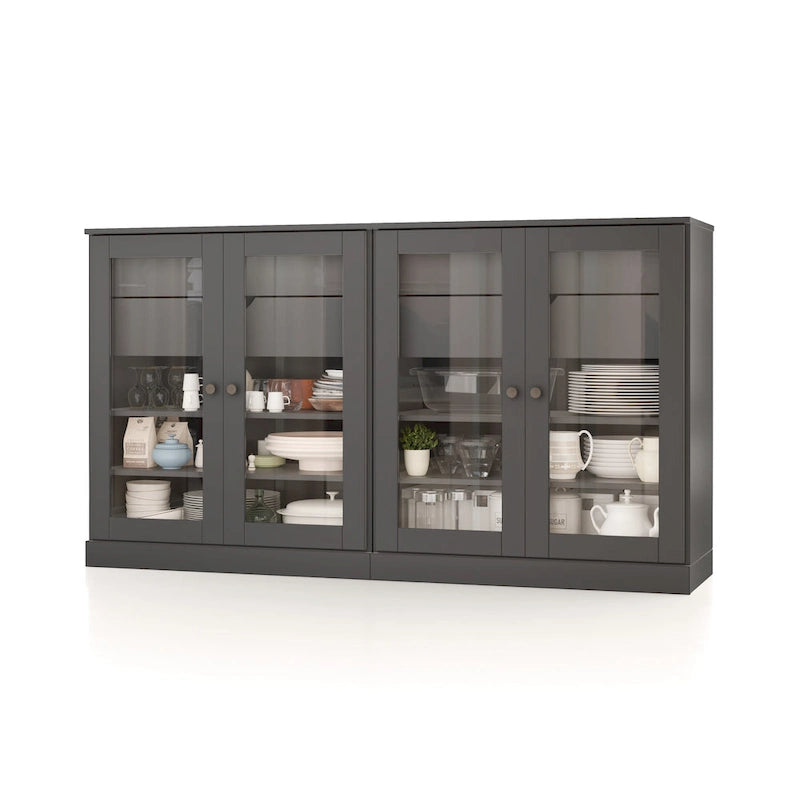 Sideboard aus 100 % Massivholz, 64", mit Glastüren, 4 Schubladen und verstellbaren Einlegeböden