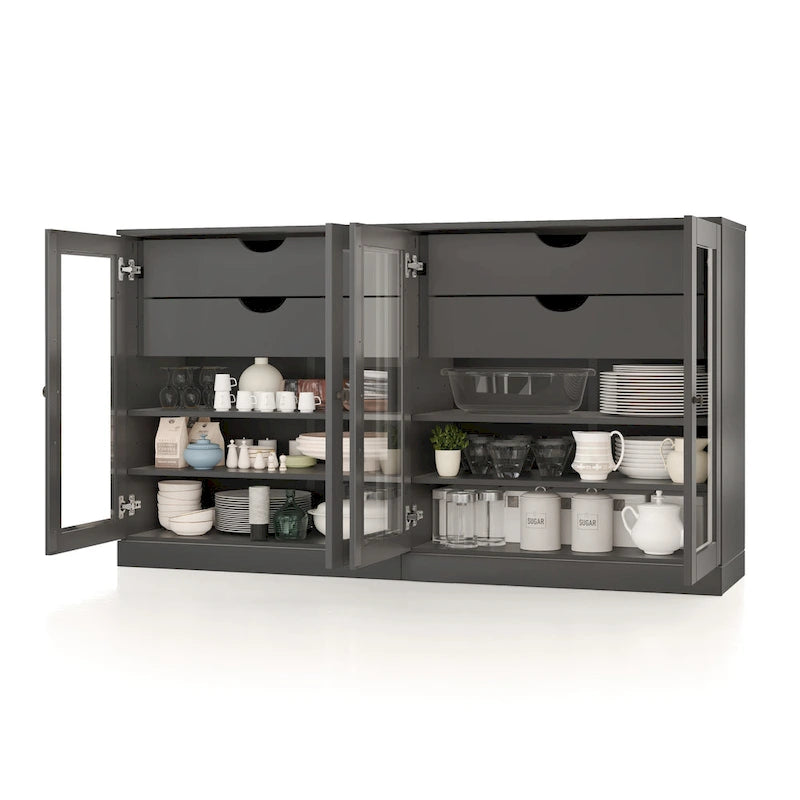 Sideboard aus 100 % Massivholz, 64", mit Glastüren, 4 Schubladen und verstellbaren Einlegeböden