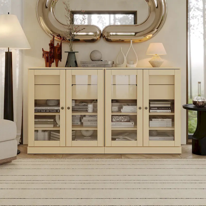 Sideboard aus 100 % Massivholz, 64", mit Glastüren, 4 Schubladen und verstellbaren Einlegeböden