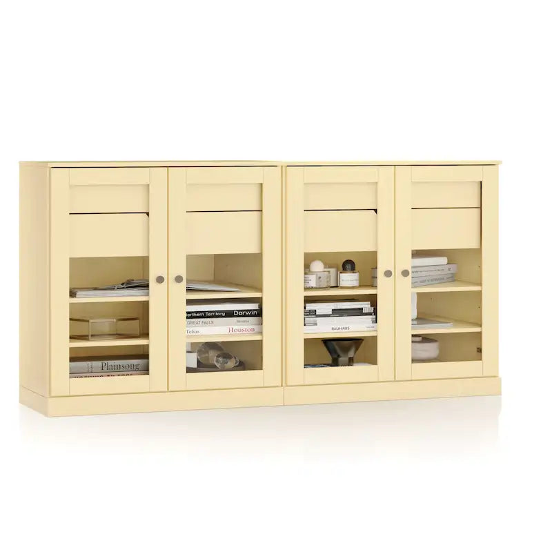 Sideboard aus 100 % Massivholz, 64", mit Glastüren, 4 Schubladen und verstellbaren Einlegeböden