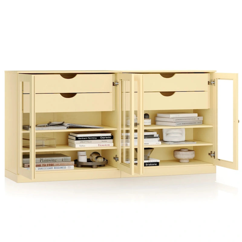 Sideboard aus 100 % Massivholz, 64", mit Glastüren, 4 Schubladen und verstellbaren Einlegeböden