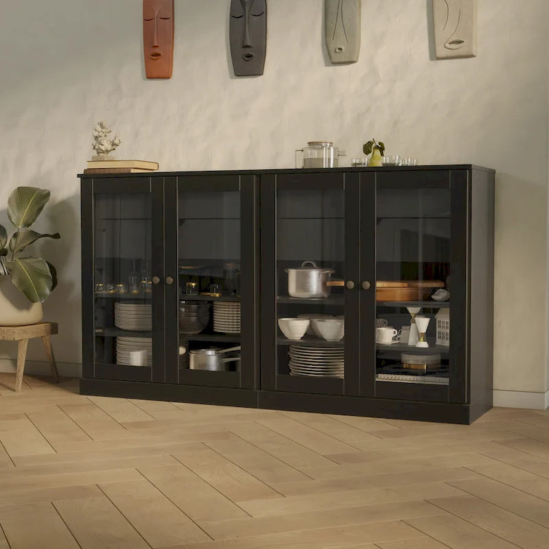 Sideboard aus 100 % Massivholz, 64", mit Glastüren, 4 Schubladen und verstellbaren Einlegeböden