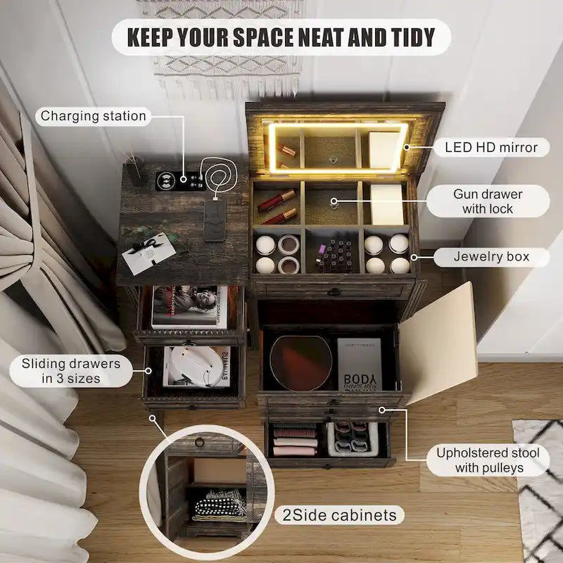Makeup Vanity With LED Light and Hidden Storage