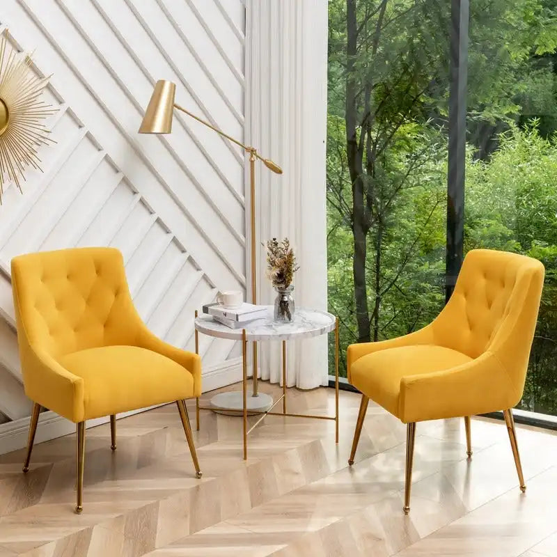 Upholstered Velvet Dining Chair, Tufted Back Armless Chair with Gold Back Pull