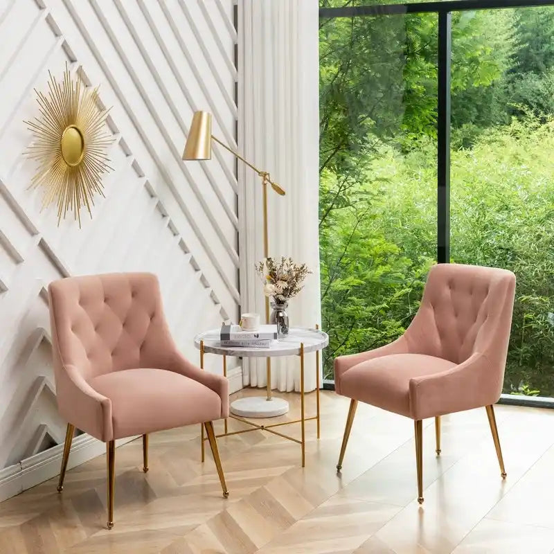 Upholstered Velvet Dining Chair, Tufted Back Armless Chair with Gold Back Pull