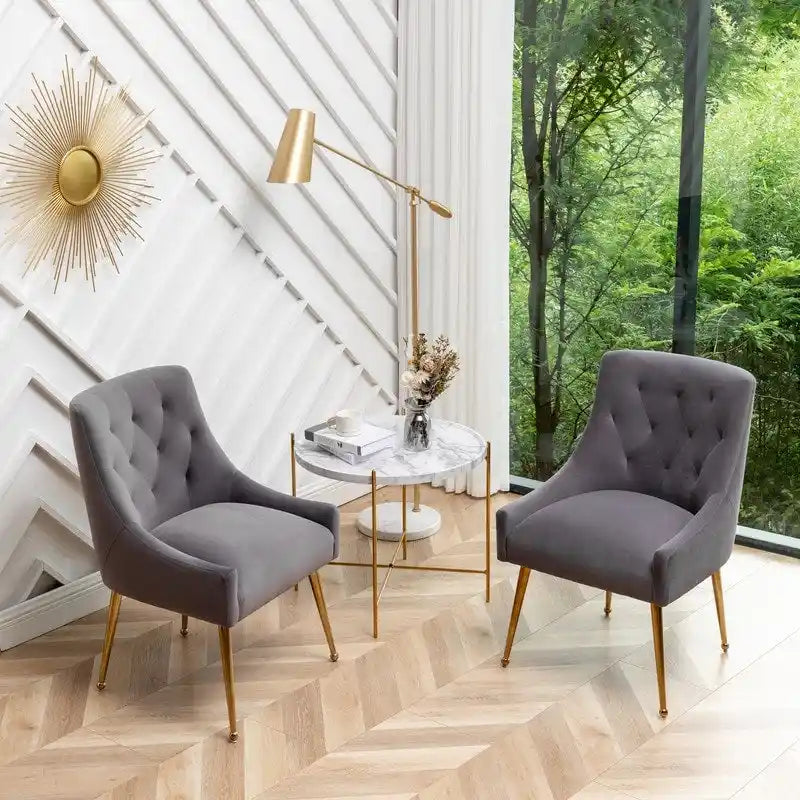 Upholstered Velvet Dining Chair, Tufted Back Armless Chair with Gold Back Pull