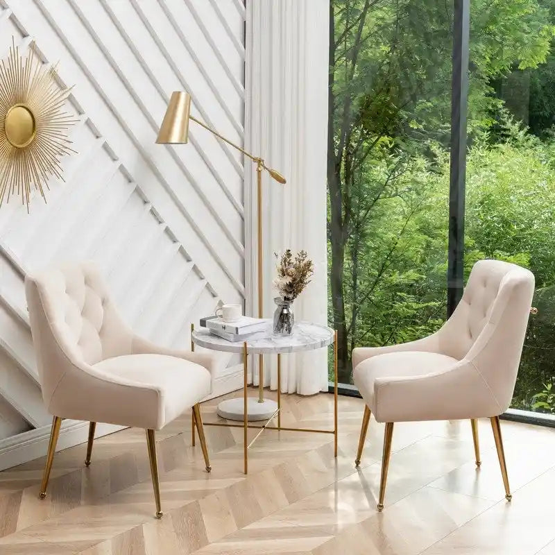 Upholstered Velvet Dining Chair, Tufted Back Armless Chair with Gold Back Pull