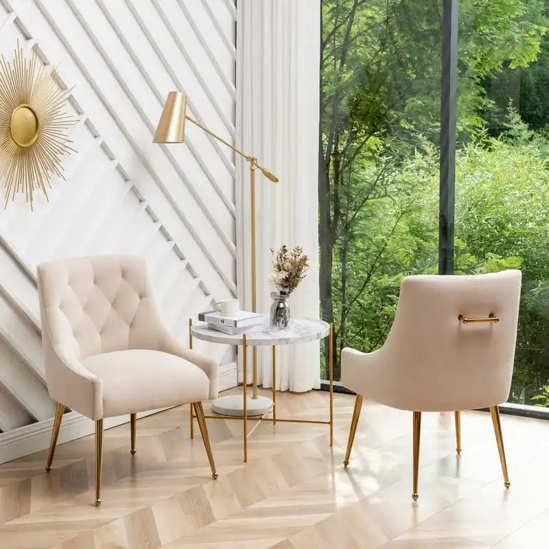 Upholstered Velvet Dining Chair, Tufted Back Armless Chair with Gold Back Pull