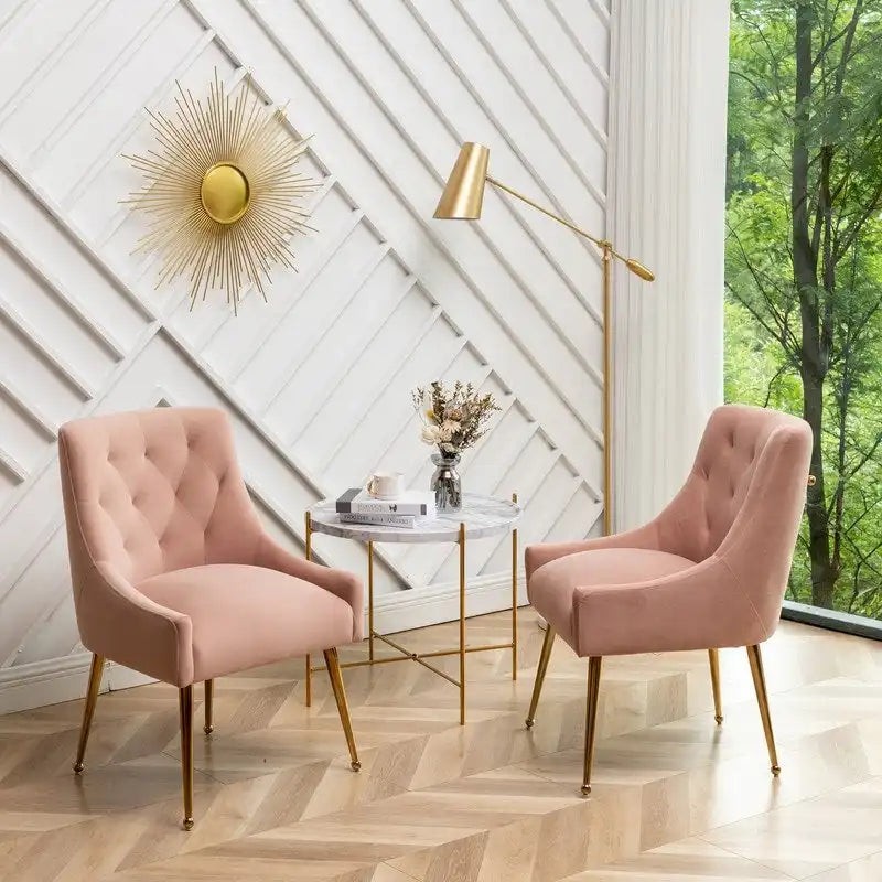 Upholstered Velvet Dining Chair, Tufted Back Armless Chair with Gold Back Pull