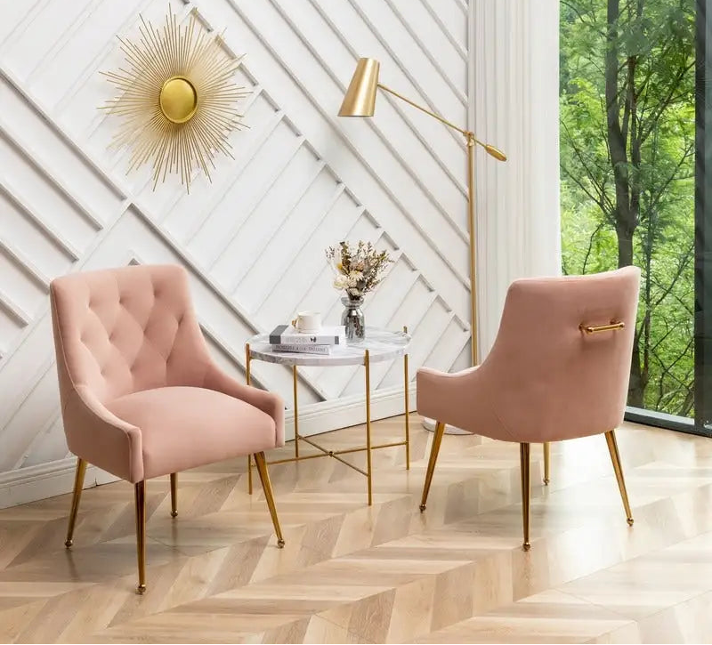 Upholstered Velvet Dining Chair, Tufted Back Armless Chair with Gold Back Pull