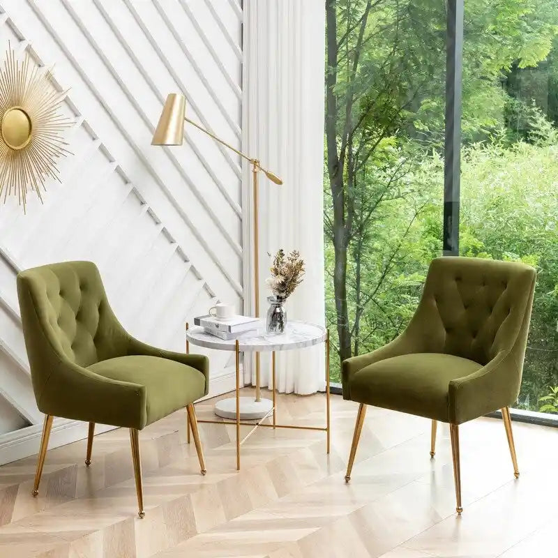 Upholstered Velvet Dining Chair, Tufted Back Armless Chair with Gold Back Pull