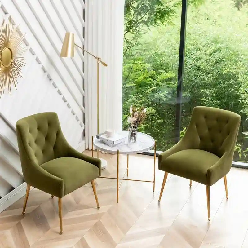 Upholstered Velvet Dining Chair, Tufted Back Armless Chair with Gold Back Pull