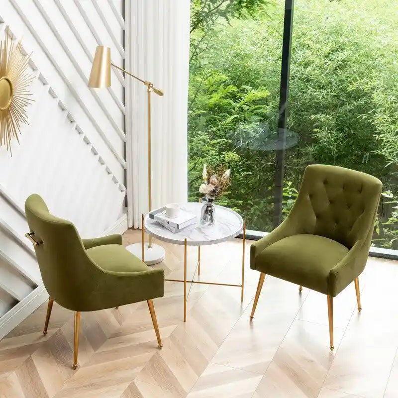Upholstered Velvet Dining Chair, Tufted Back Armless Chair with Gold Back Pull