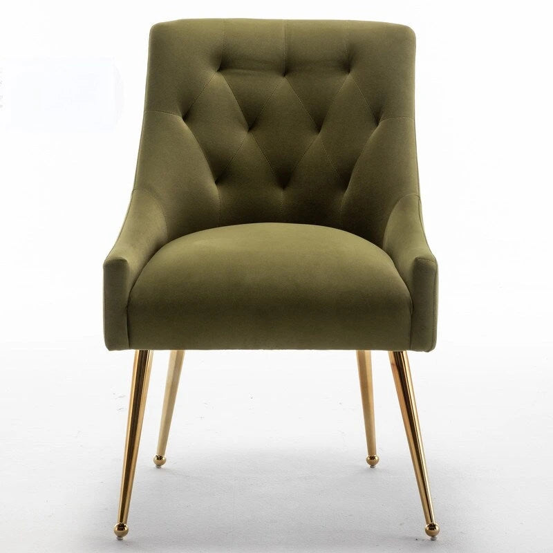 Upholstered Velvet Dining Chair, Tufted Back Armless Chair with Gold Back Pull