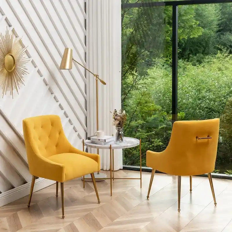 Upholstered Velvet Dining Chair, Tufted Back Armless Chair with Gold Back Pull