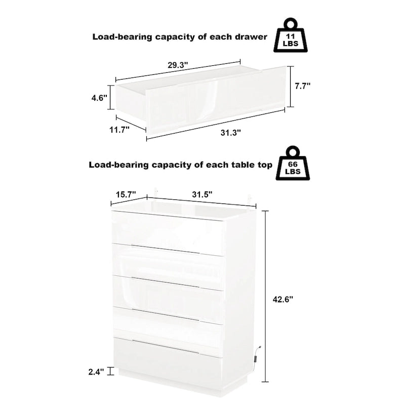 5 Drawer Chest Dresser with High Gloss Drawers and LED Light