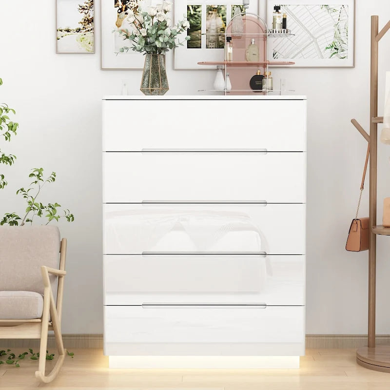 5 Drawer Chest Dresser with High Gloss Drawers and LED Light