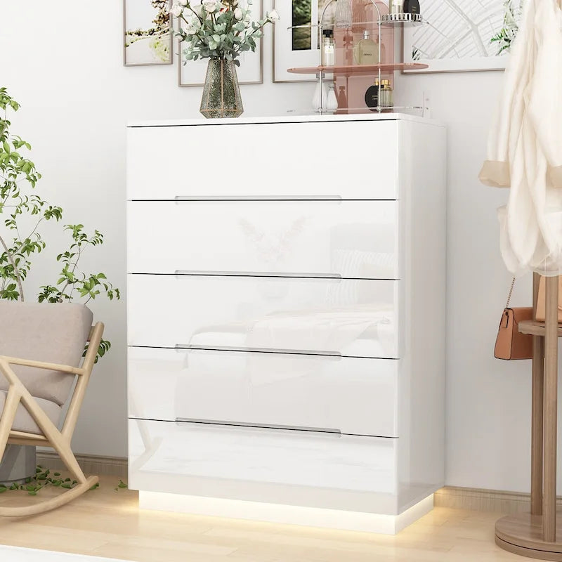 5 Drawer Chest Dresser with High Gloss Drawers and LED Light