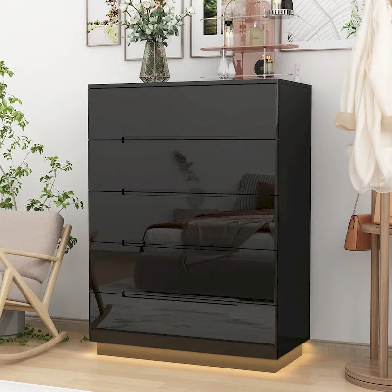 5 Drawer Chest Dresser with High Gloss Drawers and LED Light