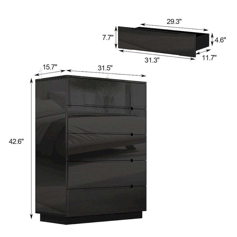 5 Drawer Chest Dresser with High Gloss Drawers and LED Light