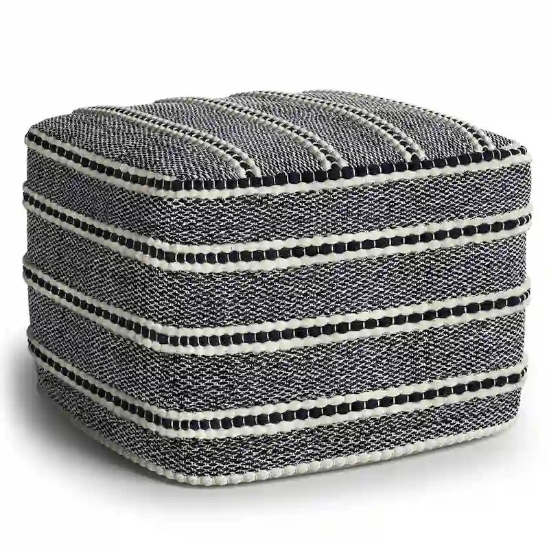 Square Woven Pouf in Navy and White Recycled PET Polyester