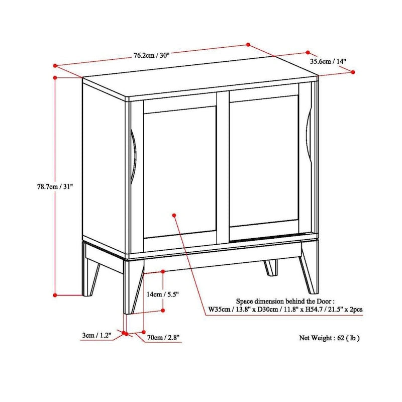 Niedriger Stauraumschrank aus Massivholz im modernen Mid-Century-Stil, 30 Zoll breit - 30W x 14D x 31H