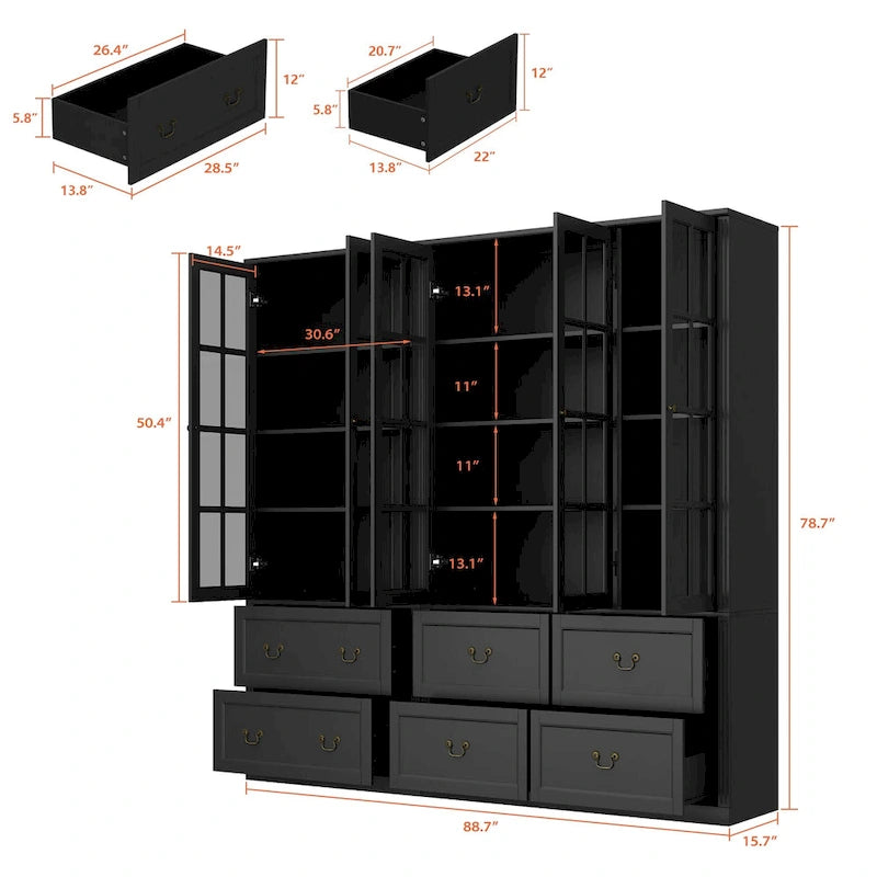 Combo Buffet Bookcase Storage Cabinet with Glass Doors